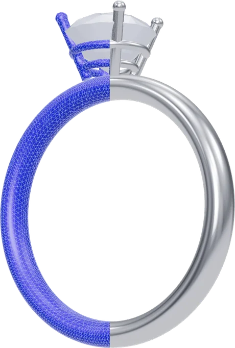Solitaire ring, mesh and polished halves Solitaire ring shown half as a blue triangle mesh and half as polished white gold