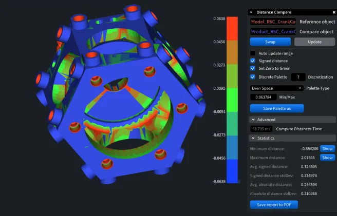 MeshInspector Distance Compare panel showing deviation colors on a crank model