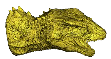 Dinosaur head scan with a dense noisy triangle mesh before decimation