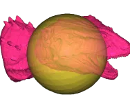 Pink dinosaur mesh intersecting a yellow-green sphere