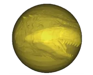 Translucent sphere with the dinosaur mesh visible inside it