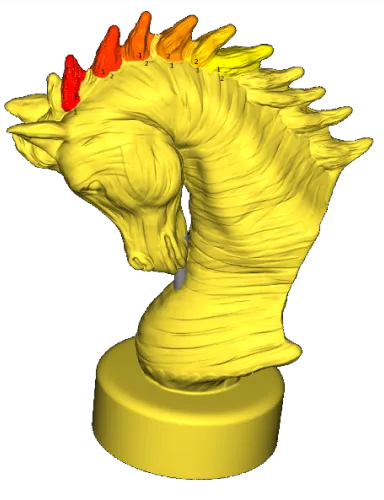 Dragon head mesh with orange crest spikes segmented by curvature