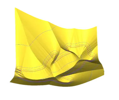Yellow distance map surface with input contour and iso-lines drawn as dashes