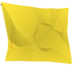 Second distance map surface with a large curved contour drawn on it