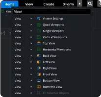 MeshInspector View menu listing viewport layouts and camera presets