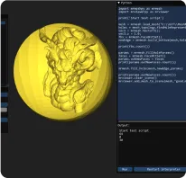 MeshInspector Python console running a script beside a model view