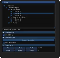 MeshInspector Scene panel listing scene objects in a hierarchy tree