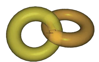 Two interlocking ring meshes with a signed distance value measured between them