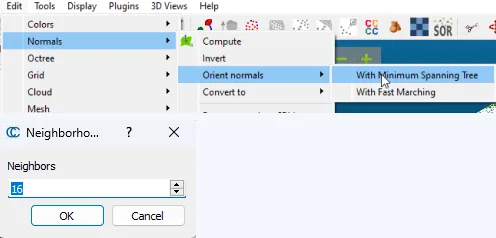 CloudCompare Normals menu with Orient normals and the 16-neighbor dialog