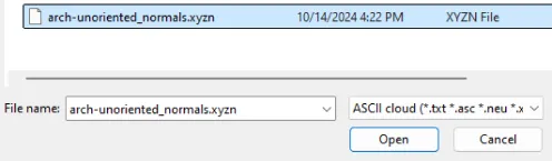 CloudCompare file dialog loading the arch-unoriented_normals XYZn cloud