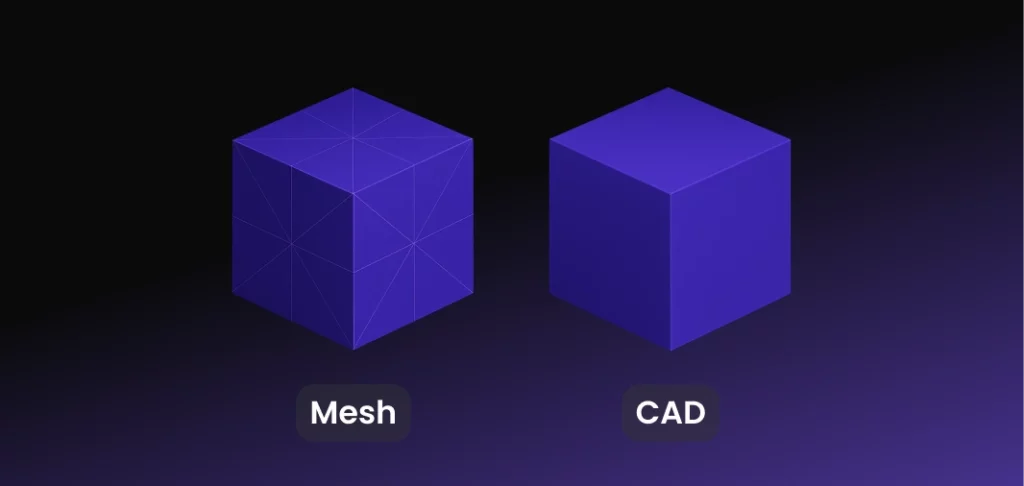 Triangulated mesh cube beside a smooth CAD cube for boolean comparison