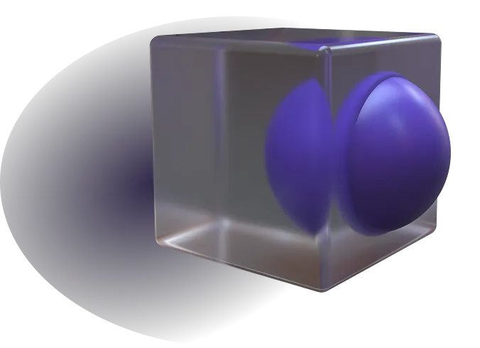 Two purple spheres intersecting inside a translucent glass cube