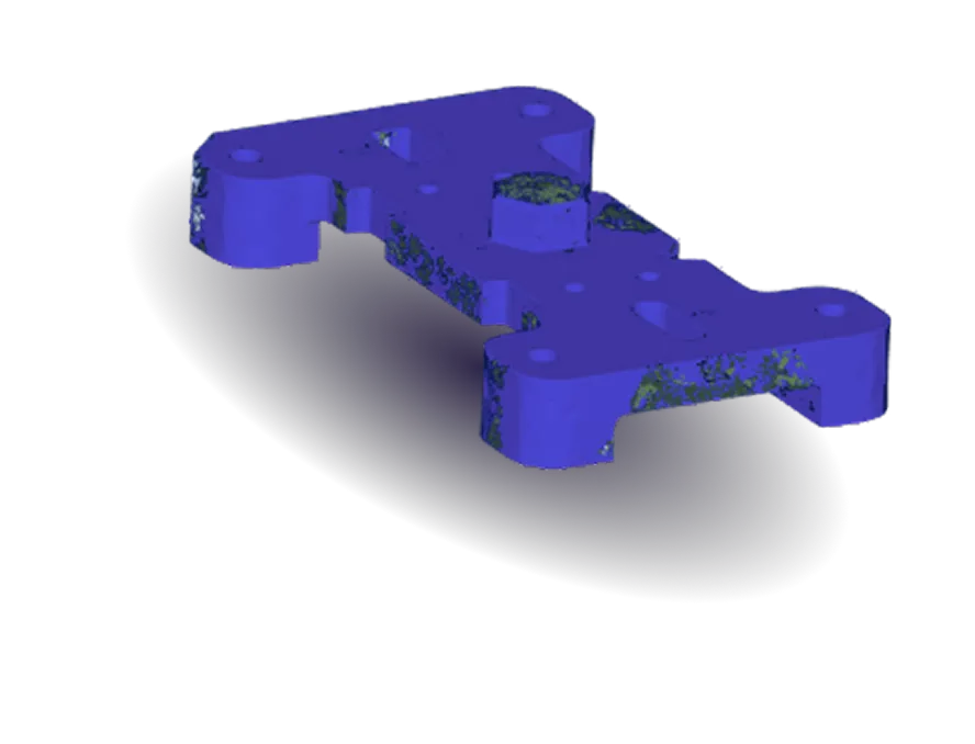 Flat blue bracket plate with holes and speckled surface patches