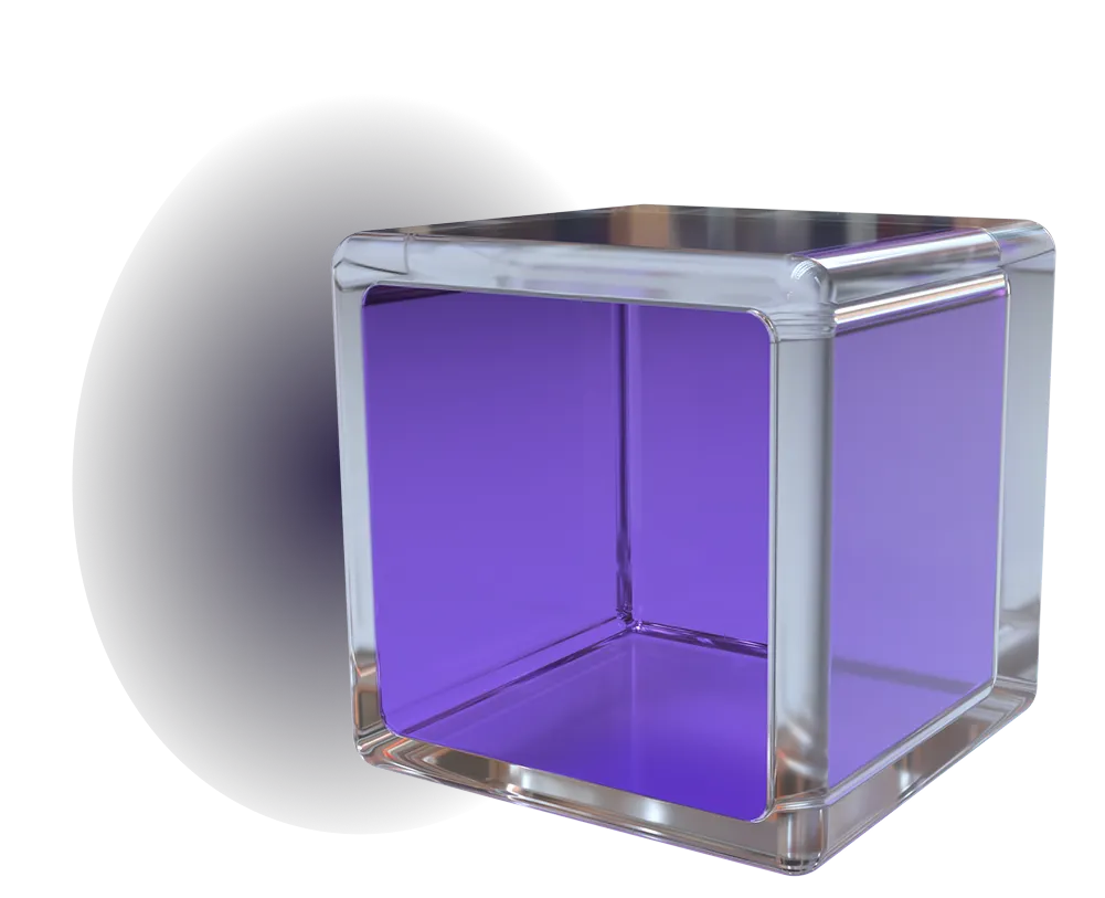 Rounded cube with chrome edges and translucent purple faces