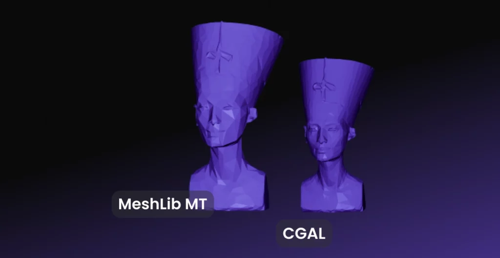 MeshLib MT and CGAL simplified Nefertiti busts compared