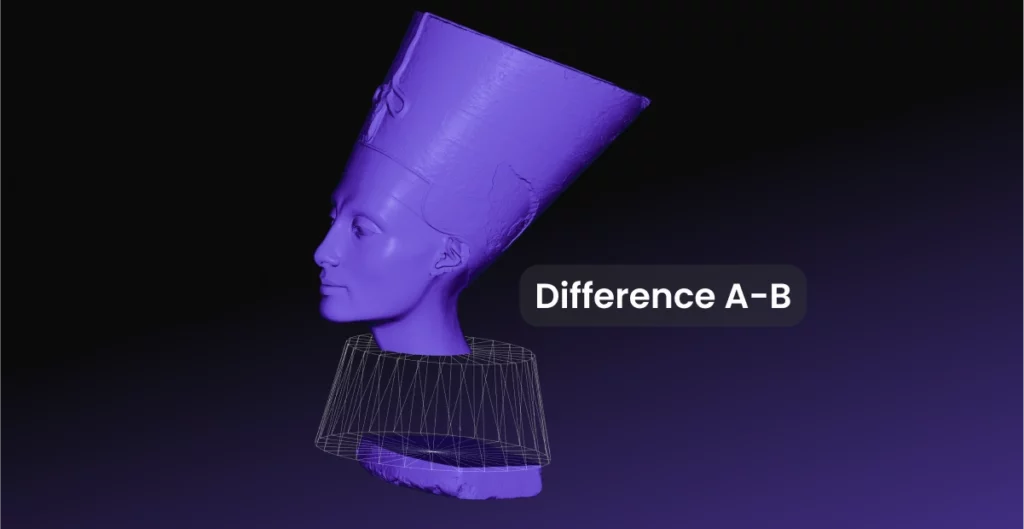 Nefertiti bust after a boolean difference with a wireframe cylinder