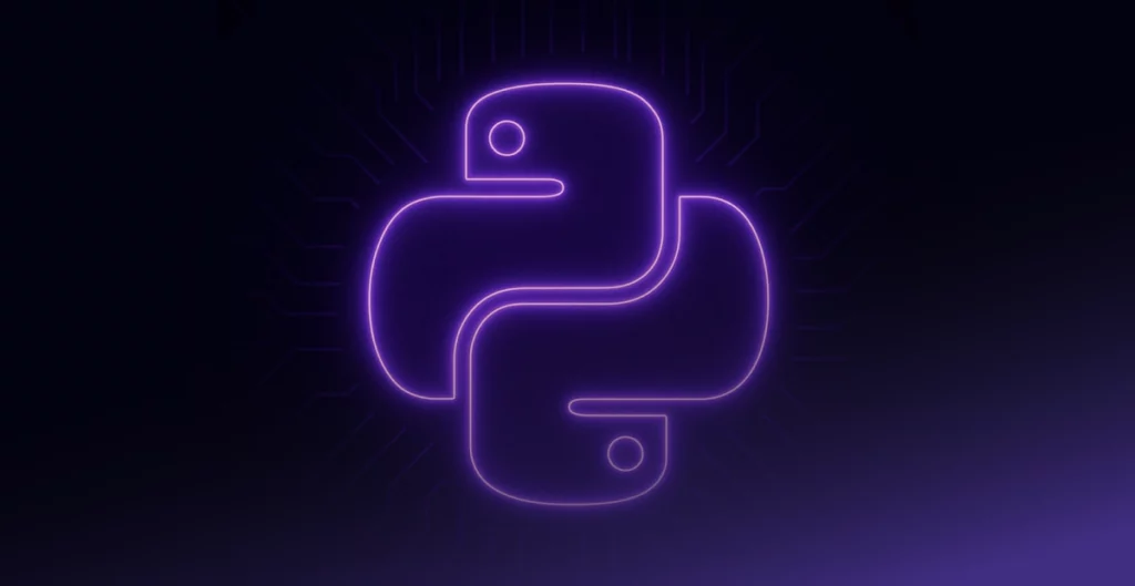 Neon purple Python logo glowing on a dark circuit background