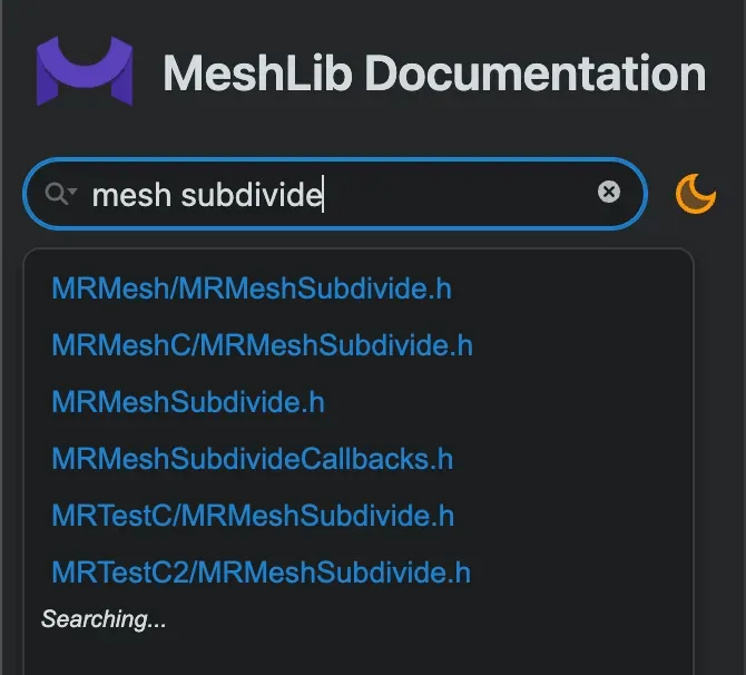 MeshLib documentation search showing subdivide header matches
