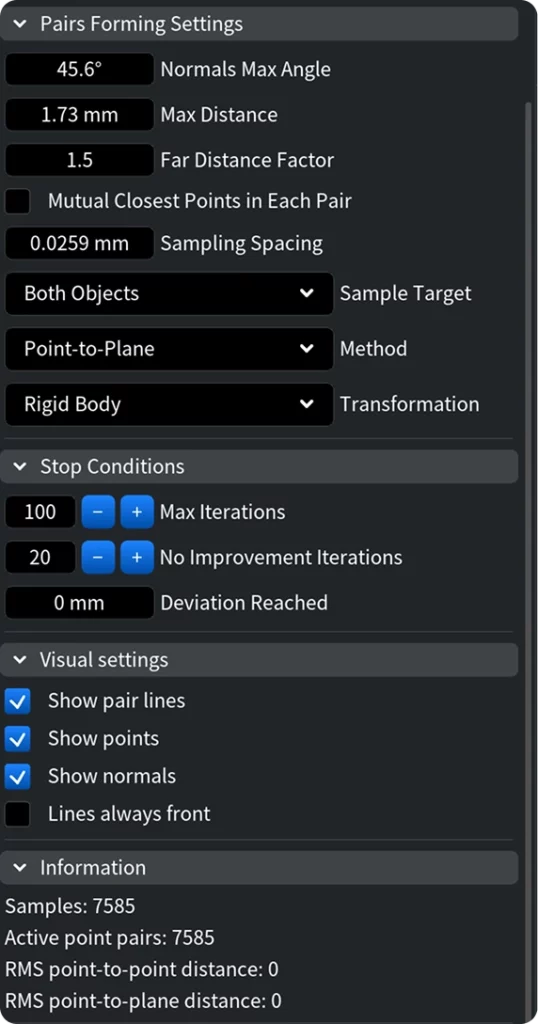 ICP registration tool settings panel in MeshInspector application