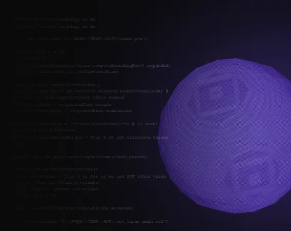 Python code in a dark terminal beside a dense purple sphere model