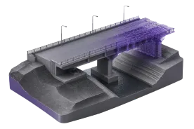 Bridge and terrain model with a purple lightweight wireframe detail