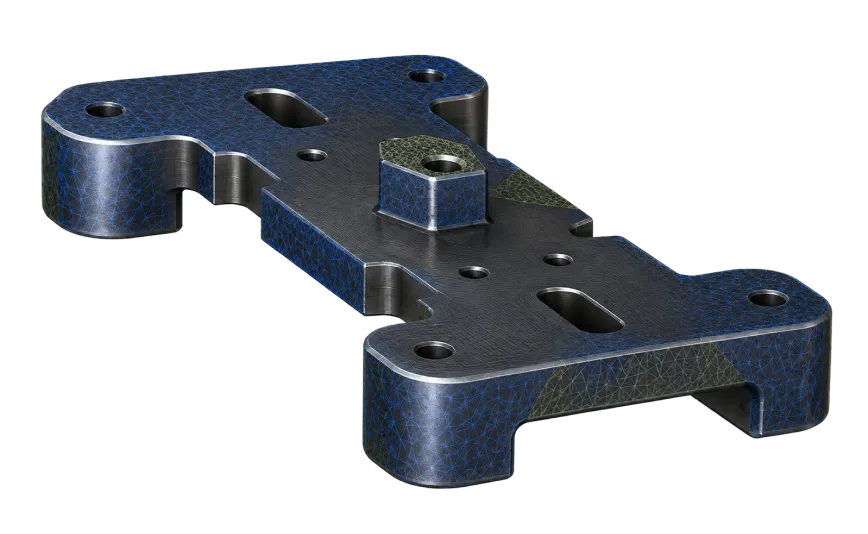 Metal bracket covered with a blue triangular mesh before 3D printing