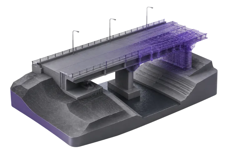 Bridge model over scanned terrain Bridge model with a purple wireframe section above scanned terrain