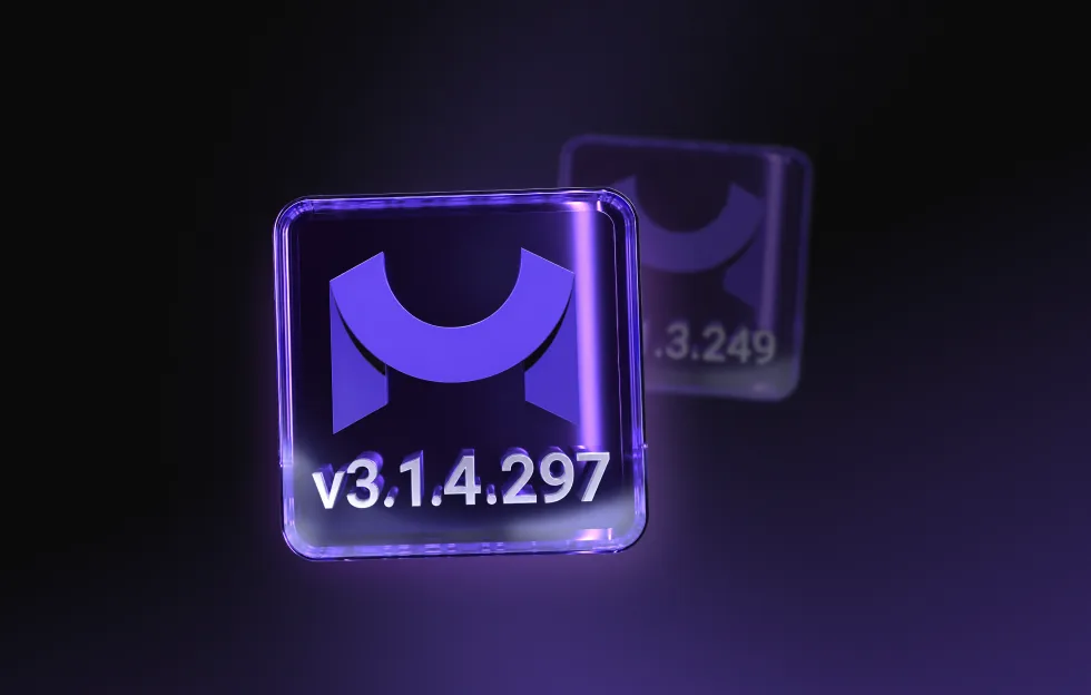 Glossy purple app tile labelled v3.1.4.297 on a dark backdrop
